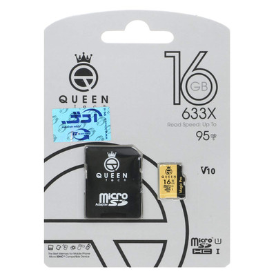 گارانتی مادام‌العمر شرکت آی تین) Queen tech microSDHC & adapter U1 Class 10 633X -95MB/s - 16GB مشکی طلایی