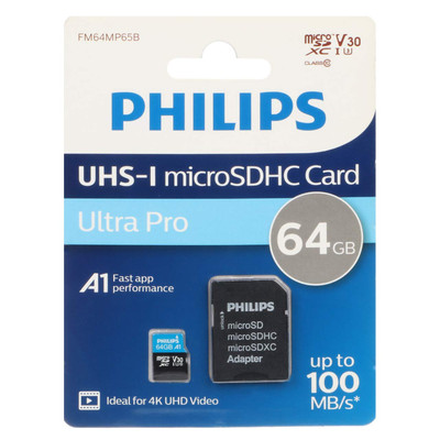 PHILIPS microSDHC & adapter UHS-I Ultra Pro U3 Class 10 V30 A1 - 100MB/s - 64GB (گارانتی مادام‌العمر استار مموری)