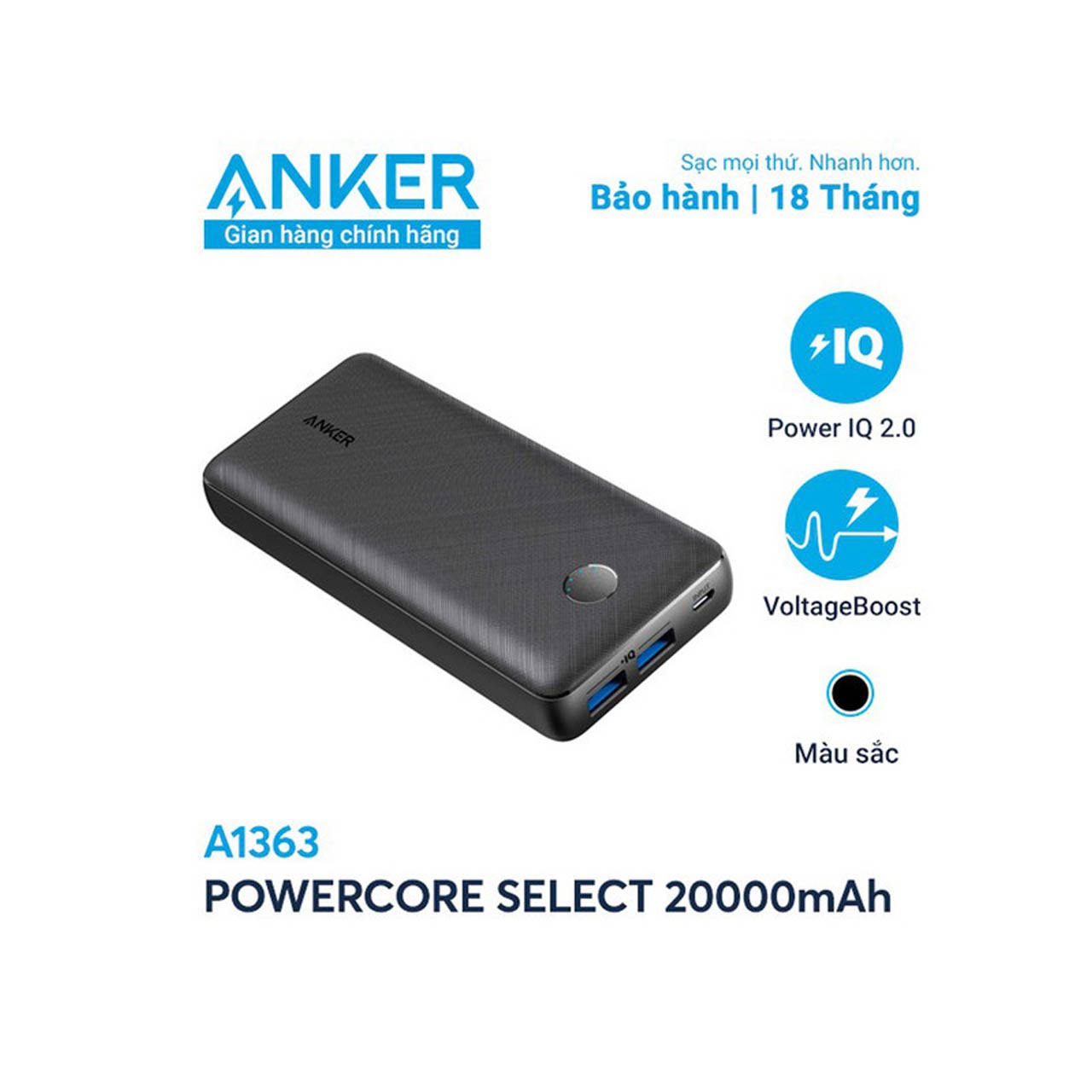پاوربانک (فست شارژ) Anker 18W 20000mAh مدل PowerCore Select A1363 - مشکی (گارانتی 18 ماهه شرکتی)