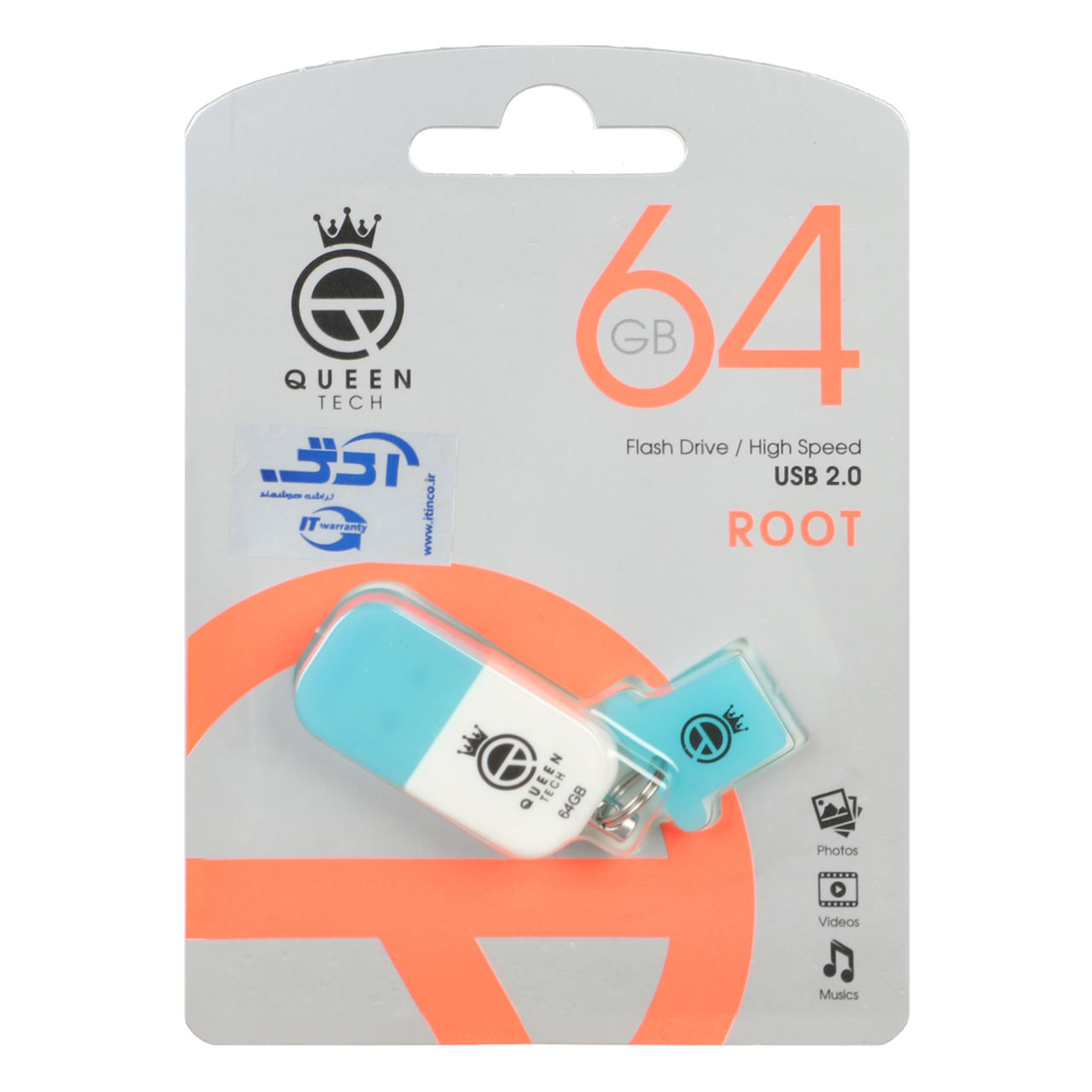 Queen Root USB2.0 Flash Memory-64GB آبی (گارانتی مادام العمر شرکت آی تین)