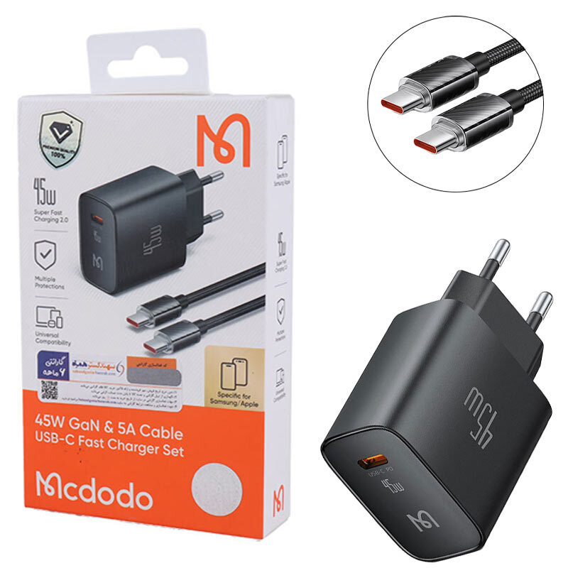 شارژر دیواری 45 وات مک دودو مدل CH-508 GaN PD 3A همراه با کابل Type-C