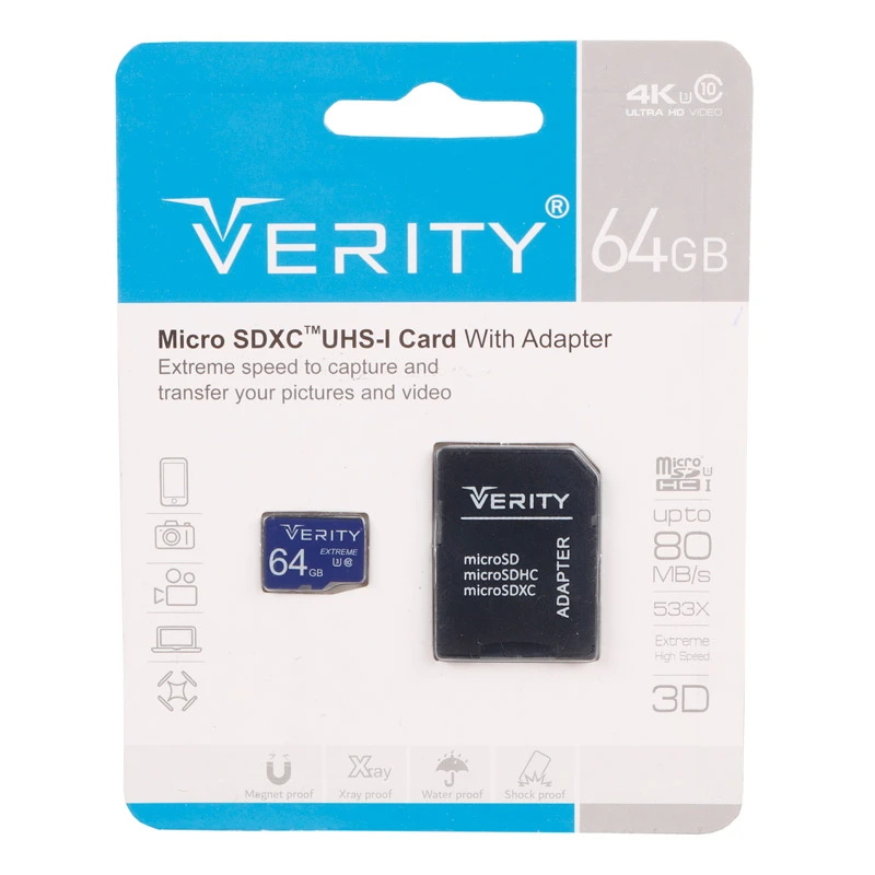 رم میکرو 64 گیگ وریتی Verity U3 C10 80MB/s + خشاب(t)
