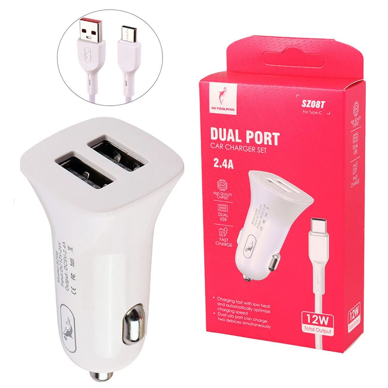 شارژر فندکی 12 وات اسکای دلفین SZ08 + کابل تایپ سی