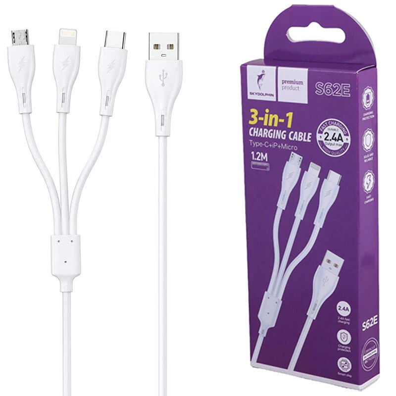 کابل سه سر فست شارژ 2.4 آمپر اسکای دلفین S62E طول 1.2 متر (t)