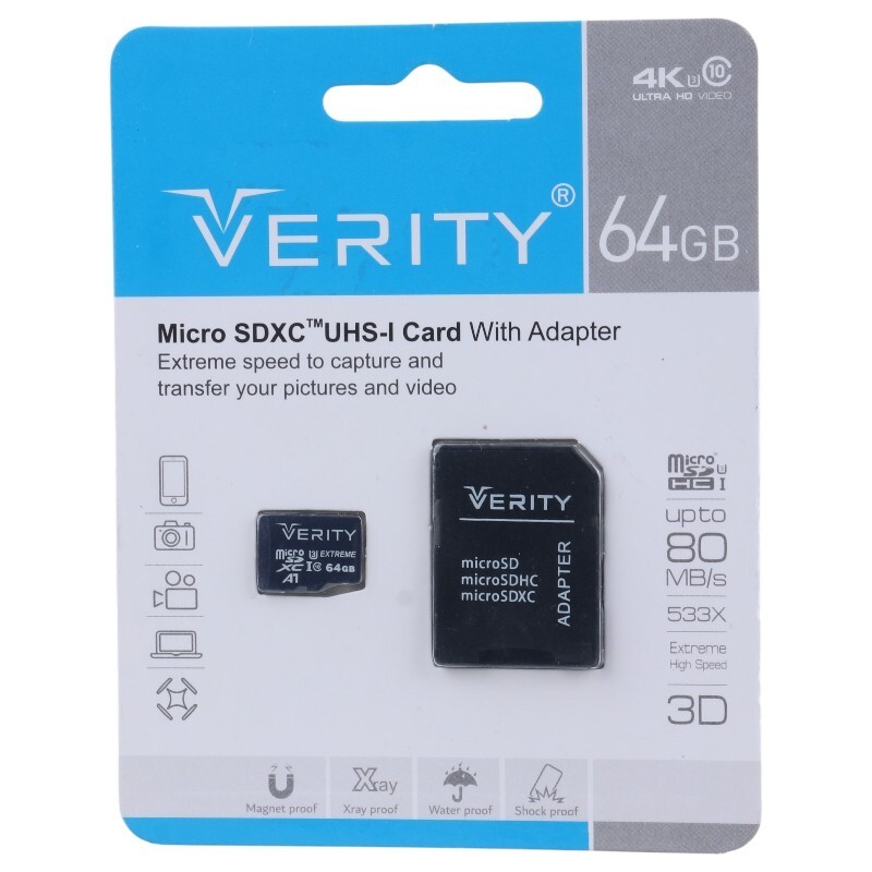رم میکرو 64 گیگ وریتی Verity A1 U3 C10 80MB/s + خشاب (t)