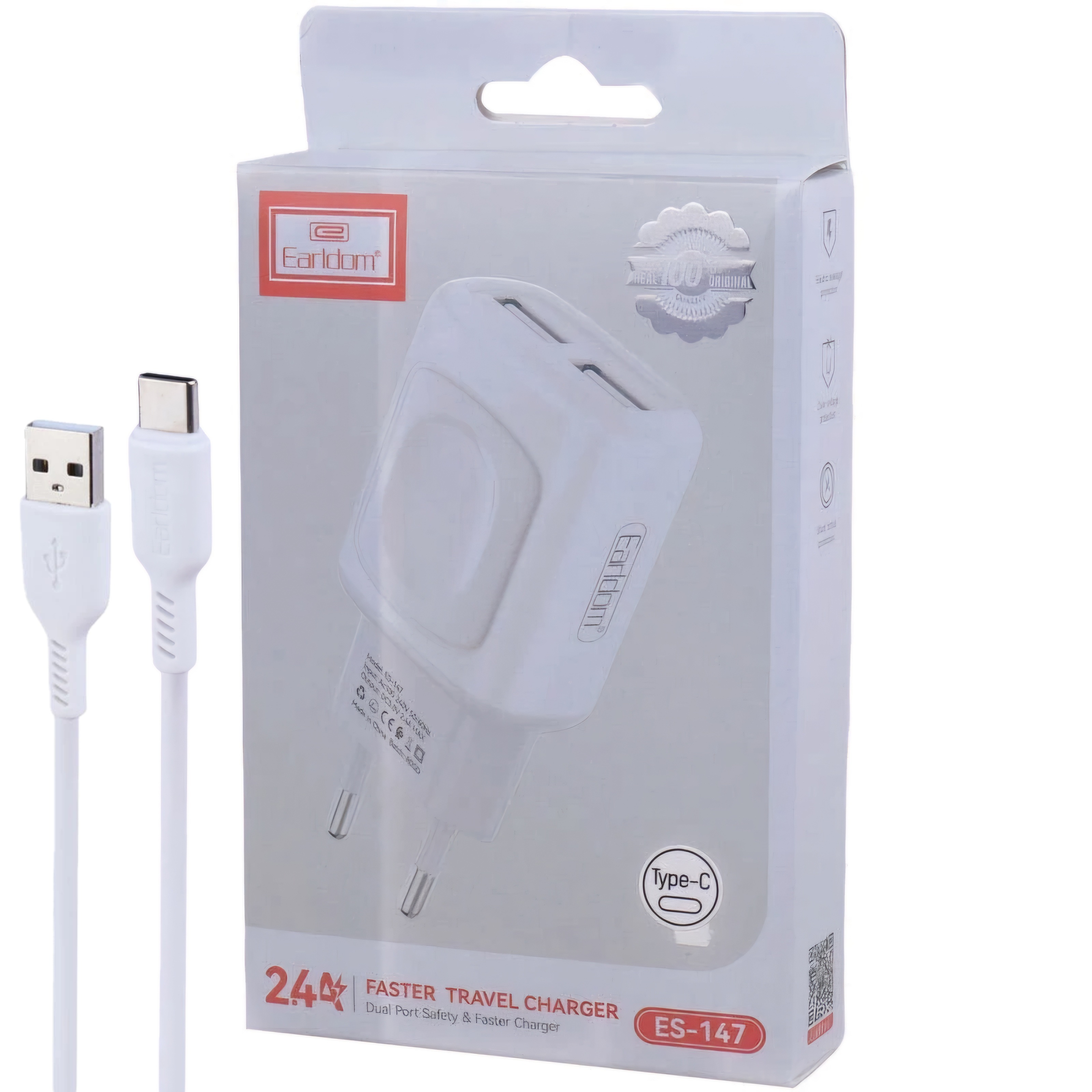 شارژر دیواری 12 وات ارلدام ES-147 2.4A + کابل تایپ سی