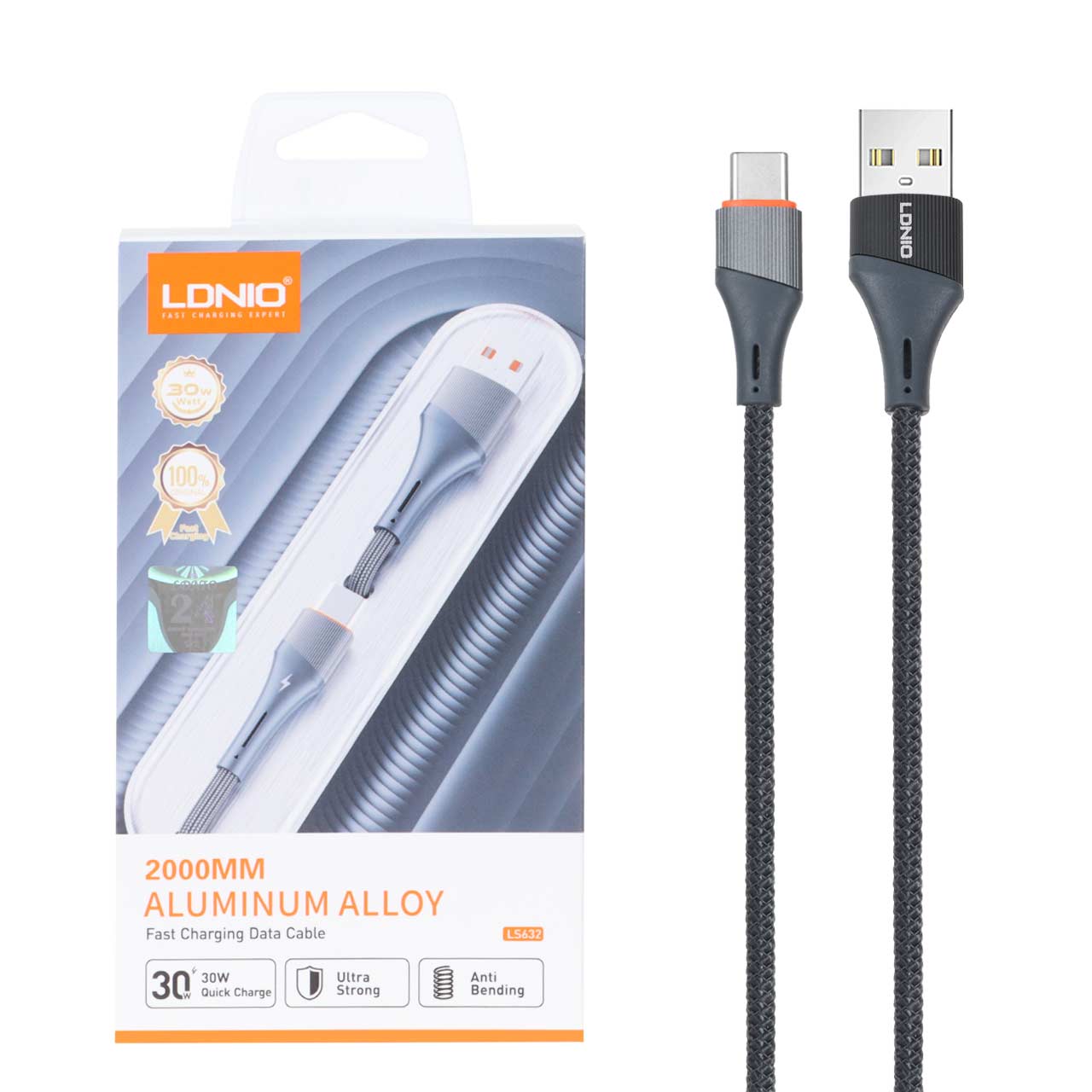 کابل شارژ فست LDNIO Type-C مدل LS632 - خاکستری 2 متری
